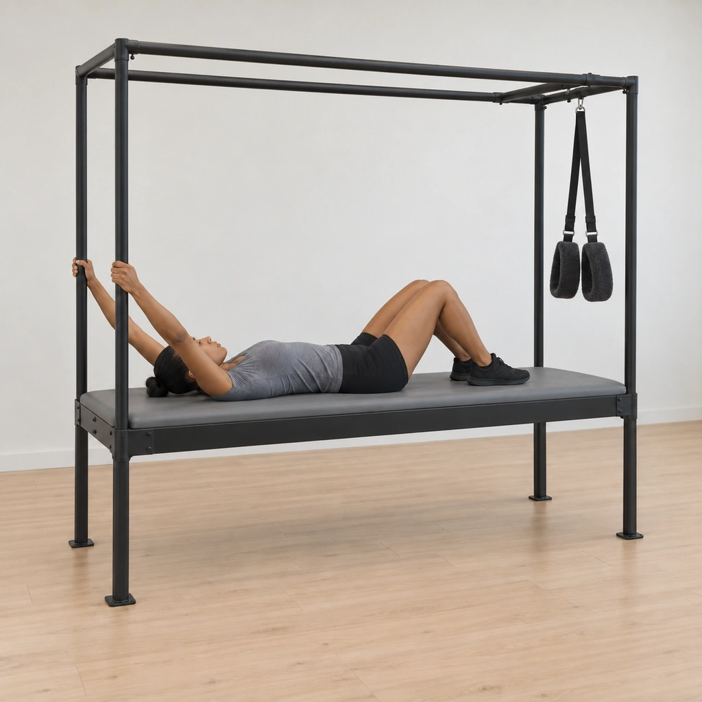 She is gripping the poles and pulling her body back toward the table, her feet coming free of the loops as her hips lower back to the mat.
