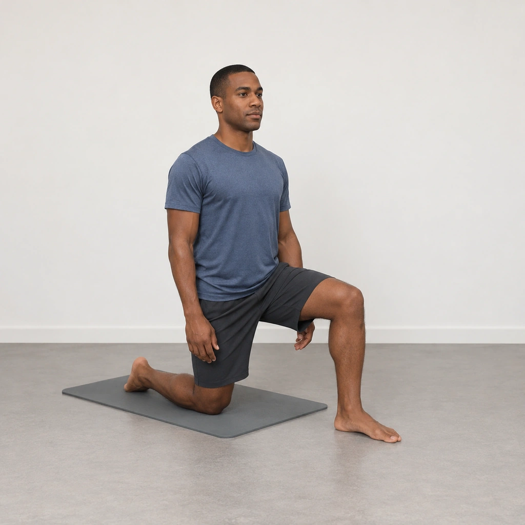 A man in a half-kneeling stance, right knee down on a mat and left foot planted forward, both hands relaxed at his sides, holding the position still.
