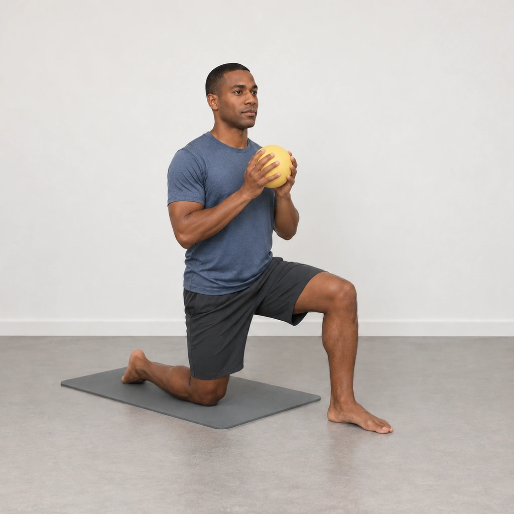 The same man in the same half-kneeling stance, now holding a small soft ball at chest height with both hands.
