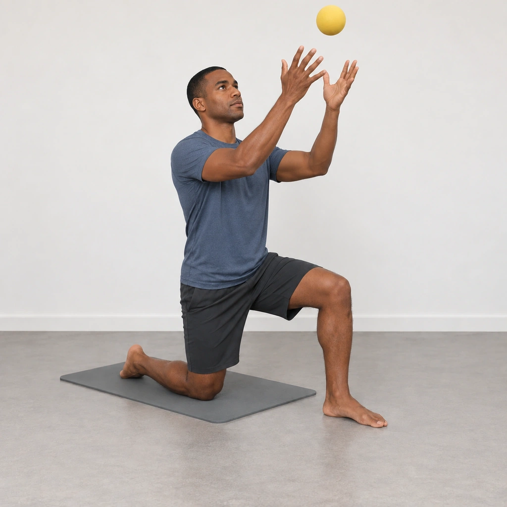 The same man in the same half-kneeling stance, both arms extended upward and the ball just leaving his hands on an upward path.