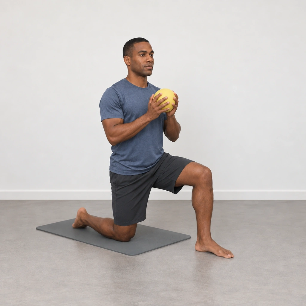 The same man in the same half-kneeling stance, both hands cupped around the ball as it arrives back down in front of his chest.