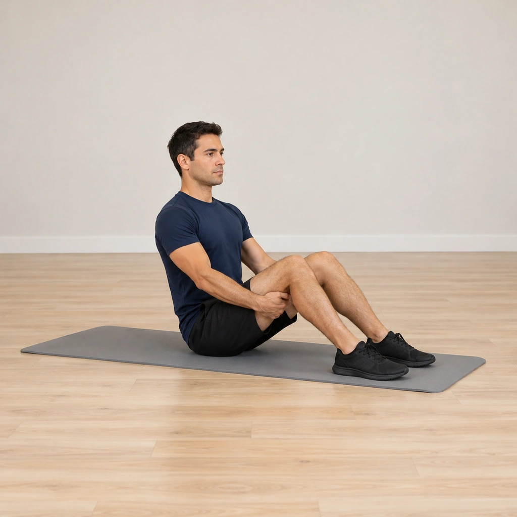 He sits tall on the mat, his knees bent, his feet flat and a little forward, his legs hugged together, his hands cupped behind his thighs, his spine long and his chest open.