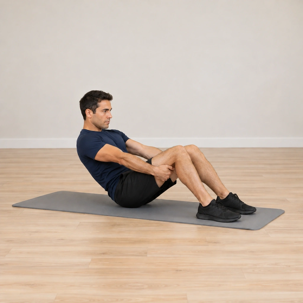 He is rounding back from his seat, his spine curled, his arms visibly straighter on his thighs, his feet still pressed flat to the mat.
