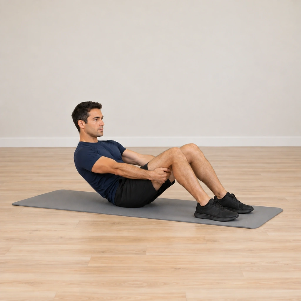 He is at the deepest point of the roll-back: his arms straight against his thighs, his low back at or just over the mat, his feet still flat on the floor, his shape a deep round.