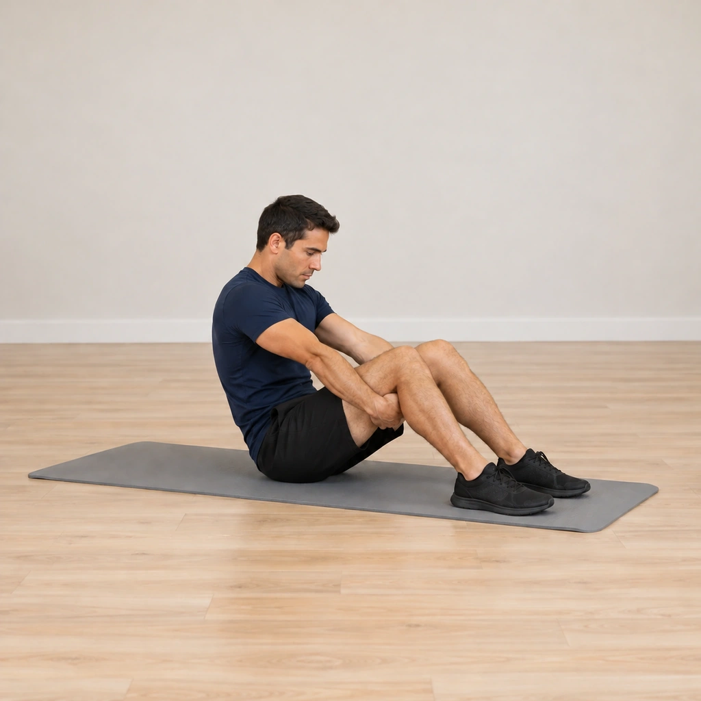 He is rounding forward back up toward the tall seat, his stomach pulled in and his front ribs connected, his spine still in the long round shape, his hands still behind his thighs.