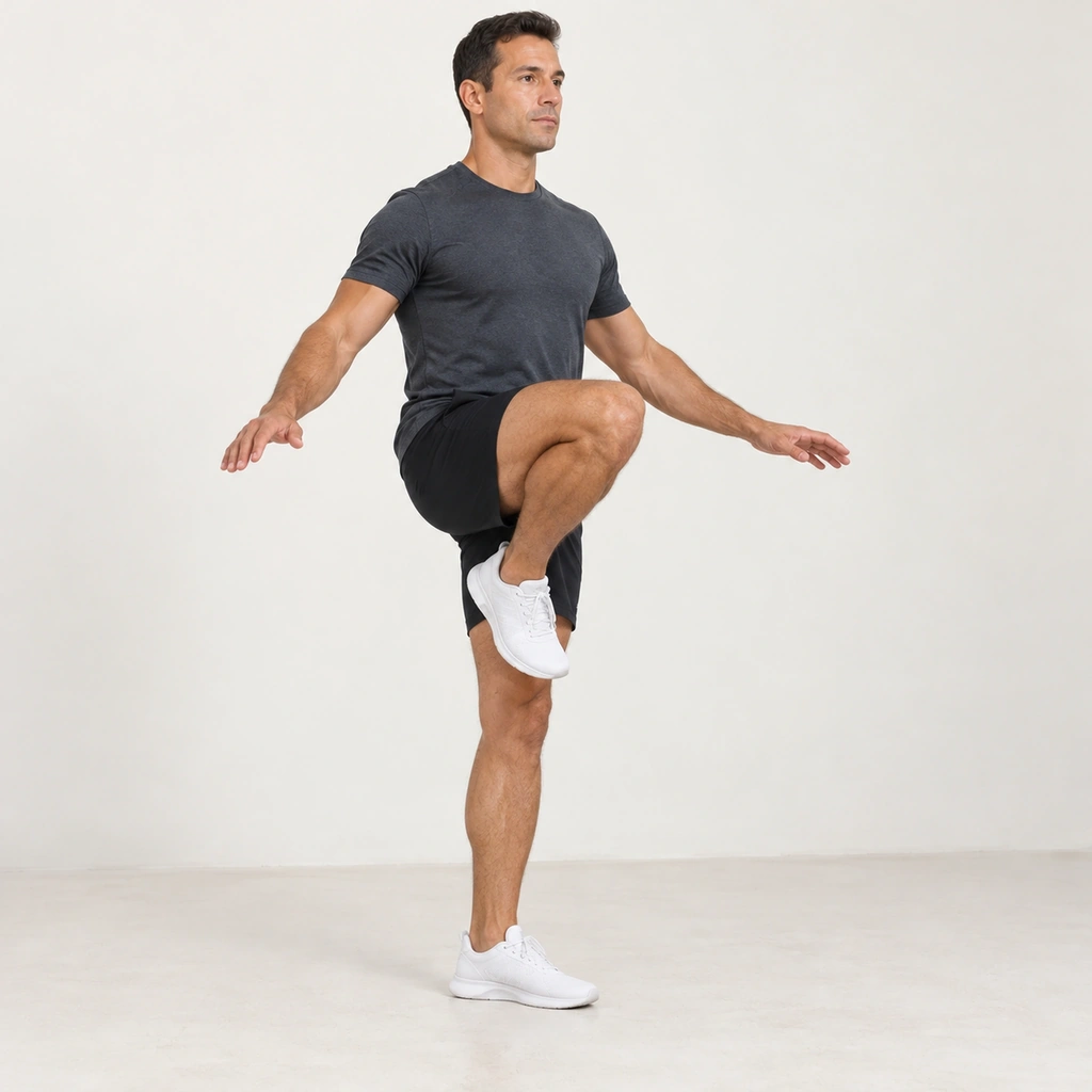 A man balanced on his left leg, right hip raised so the thigh is lifted in front of him and the right knee sharply bent, the heel up close beneath the thigh.