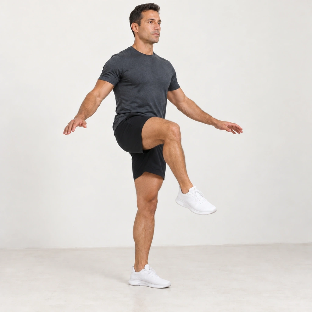 The same man balanced on his left leg, right hip still raised, the right knee now partway open and the right shin swinging forward and down, midway between the flexed start and straight.