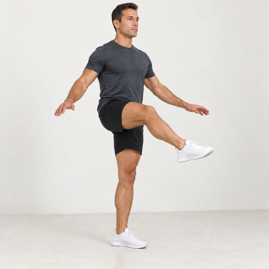 The same man balanced on his left leg, right hip still raised, the right shin now arrested by his hamstring at a shallow angle clearly short of level with the ground.