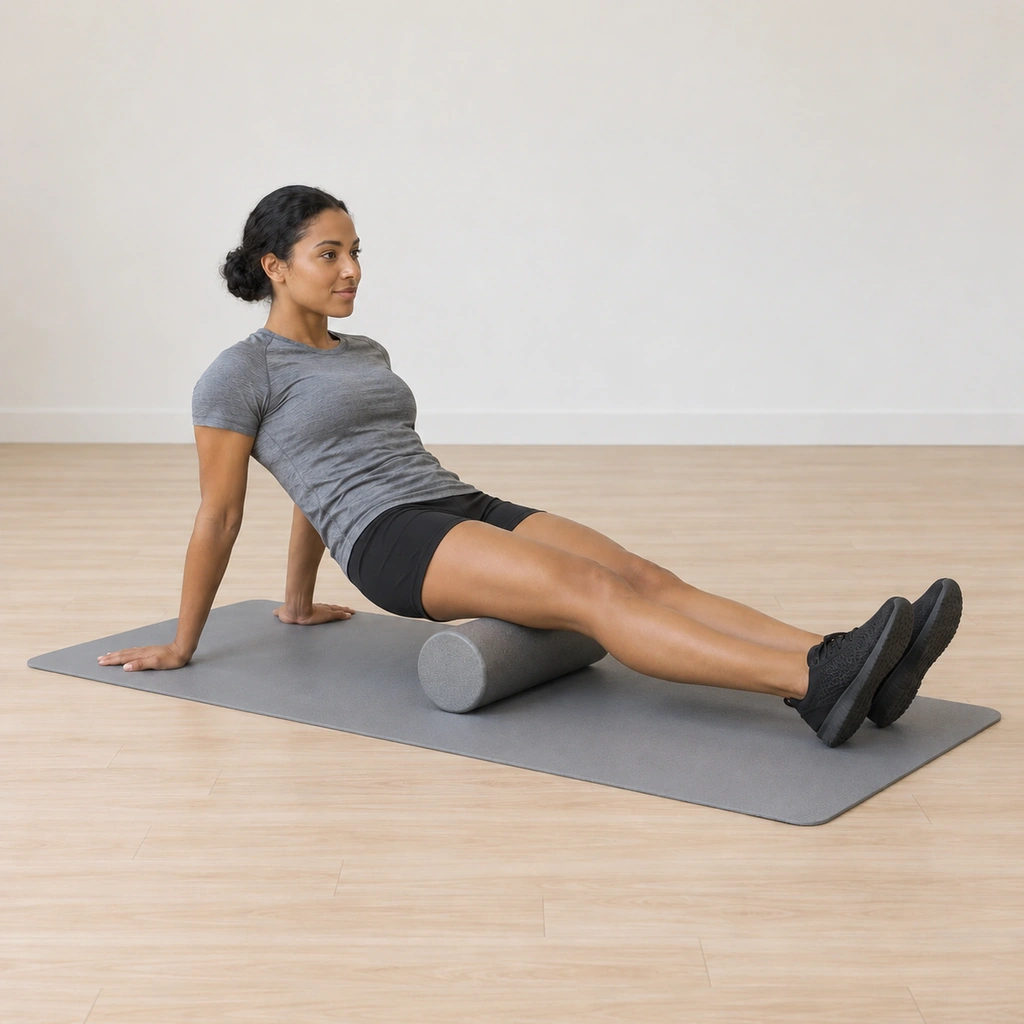 Her hips are lifted clear of the floor so her whole leg weight presses the hamstrings down onto the roller, her arms straight supporting her from slightly behind, her legs still extended along the roller.
