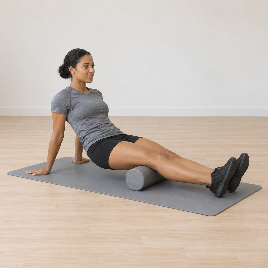 She has walked her hands so her body travels and the roller now sits just above the backs of her knees - still clear of the knee joint - her hips still lifted, her legs extended, mid-down-roll.