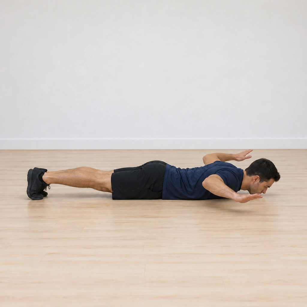 He is at the release: chest still at the floor, both hands lifted clear a few centimetres off the floor beside his shoulders, elbows bent, weight resting through his chest and legs.
