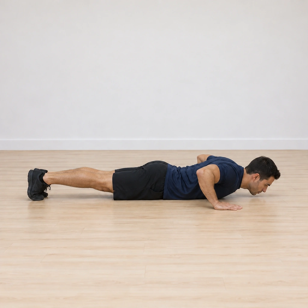 He is mid-replace: both hands placed back on the floor under his shoulders, chest still low at the floor, elbows bent and loaded, body still in line preparing the press.
