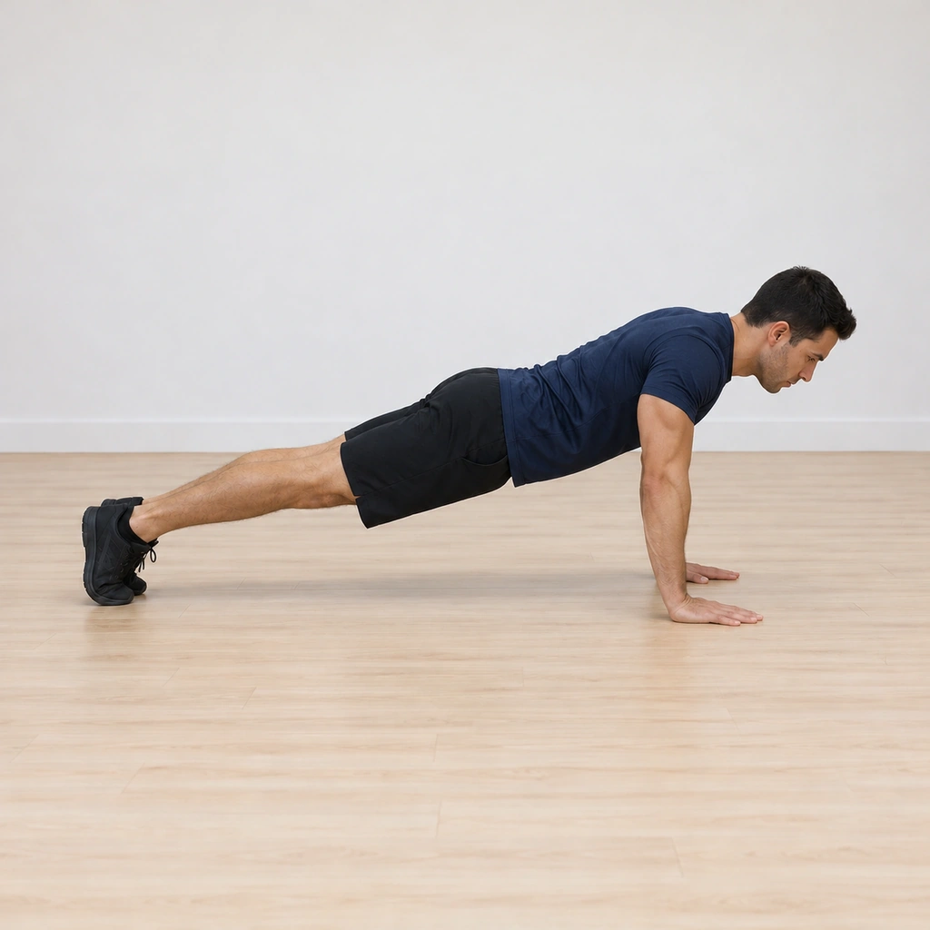 He is at the press-out: body risen to the top plank with arms extended, hands planted under his shoulders, body straight from head to heels, toes on the floor.