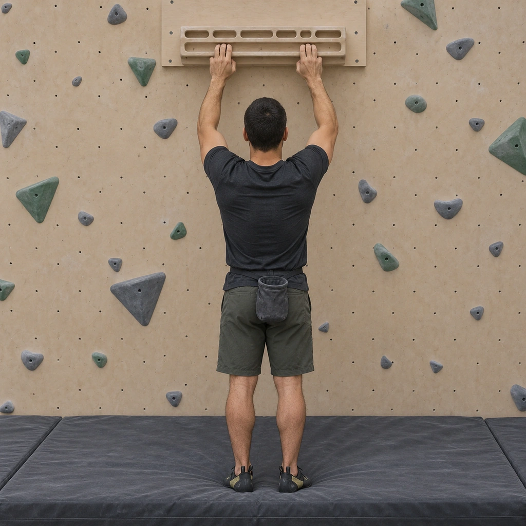 A man setting both hands on the fingerboard edge, three fingers bent ninety degrees, thumb offset beneath the pointer.