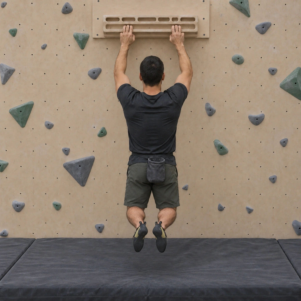 A man in a static dead hang on the fingerboard edge, feet free, three fingers bent at ninety degrees.