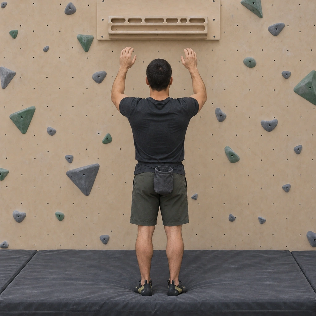 A man stepping back onto the floor under the board, hands coming off the edge.