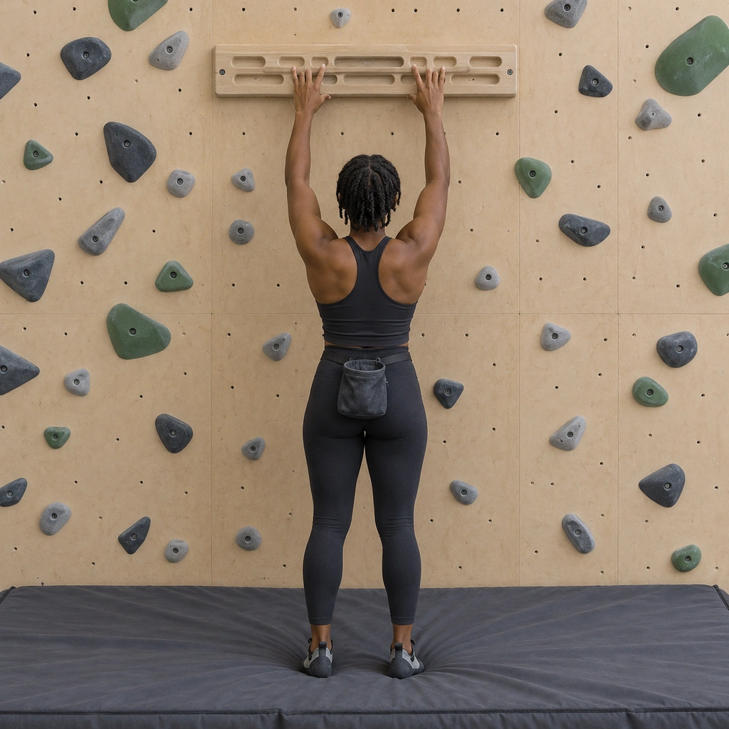 A woman setting both hands open-handed on the fingerboard edge while still standing on the floor.