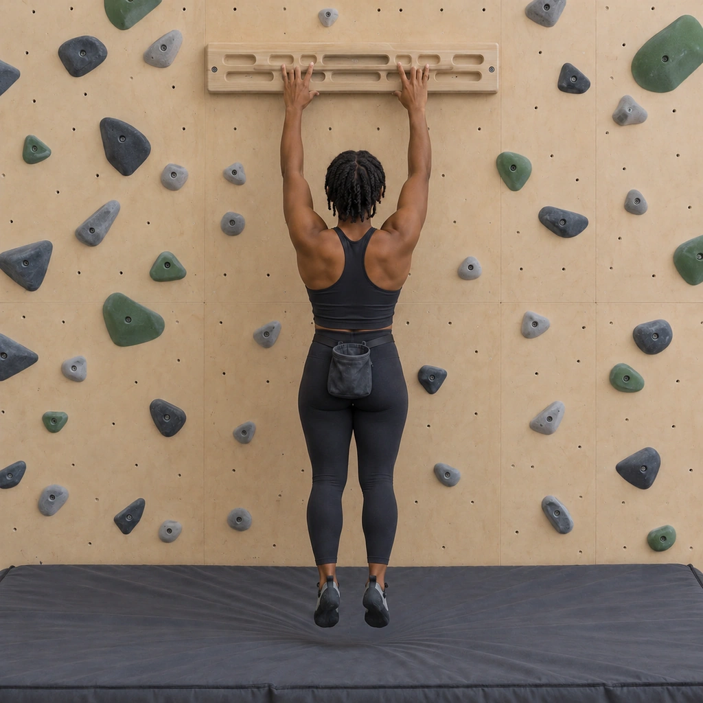 A woman in a static dead hang on the fingerboard edge, feet free, body still.