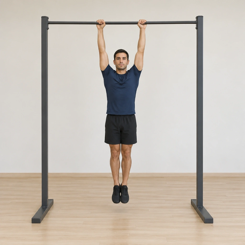 He hangs straight from the bar, body still, arms extended overhead, legs joined and hanging free.