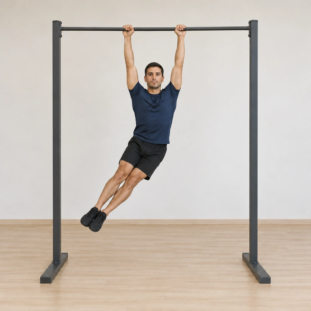 His joined legs have lowered toward his right, completing half of the large circular motion, the body still hanging straight.
