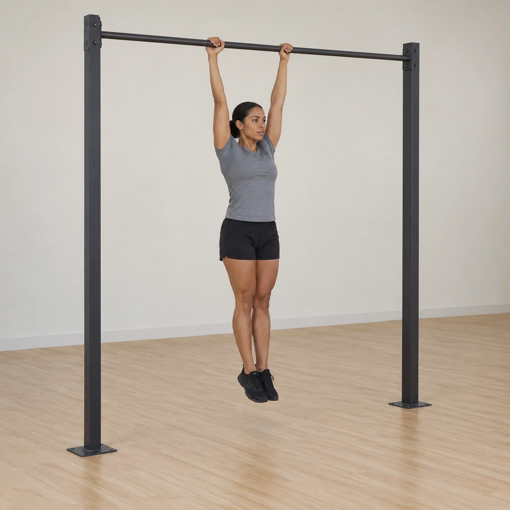 She hangs from the overhead bar with straight arms and a firm grip; her legs hang extended together below her, body still.