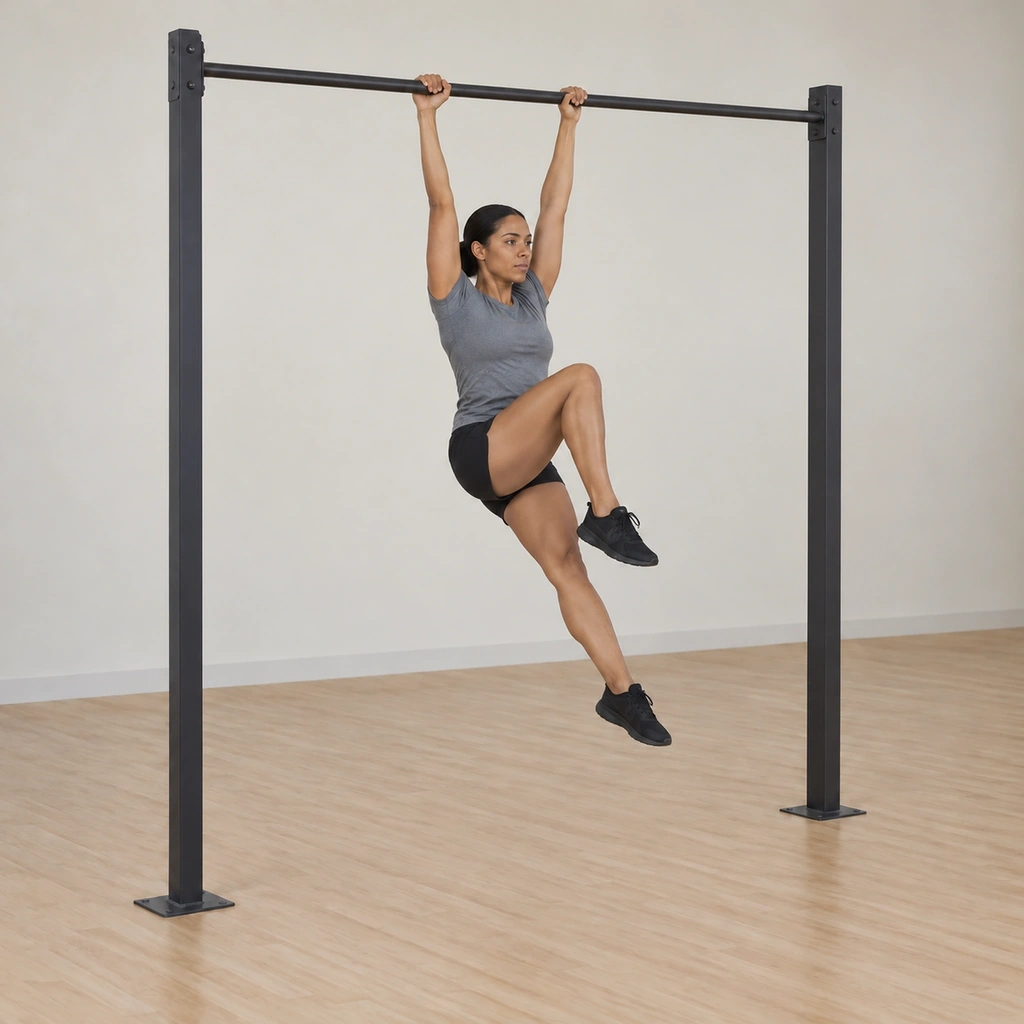 She hangs with the right knee pulled high toward the chest while the left leg extends long below, the legs split in the cycling motion.
