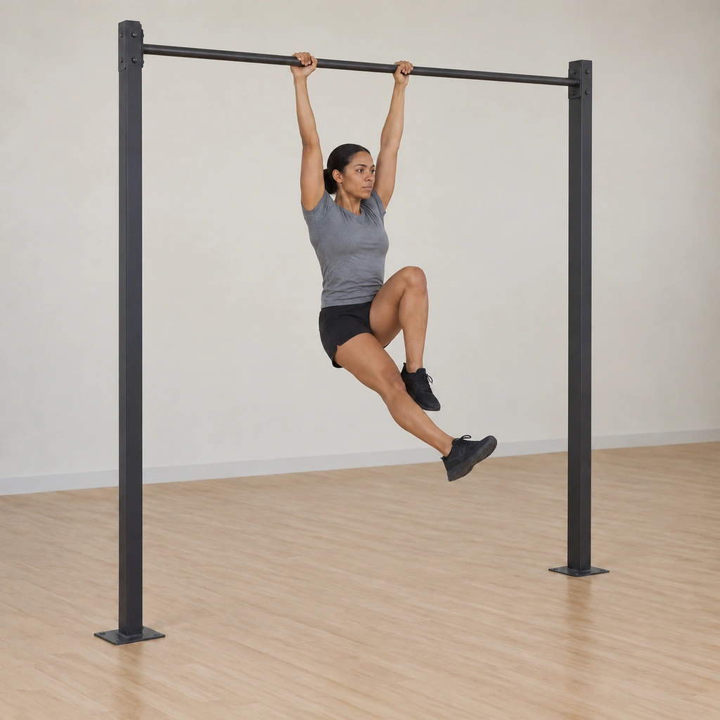 She hangs mid-switch: the first knee lowering toward extension while the other knee rises, legs passing each other in the cycling motion.