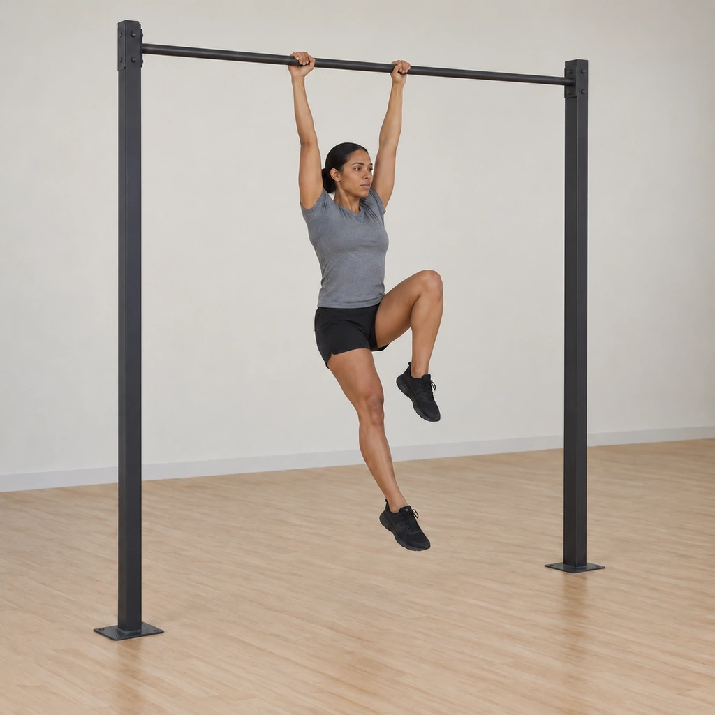 She hangs with the left knee now pulled high toward the chest and the right leg extended long below, the cycling motion continuing.
