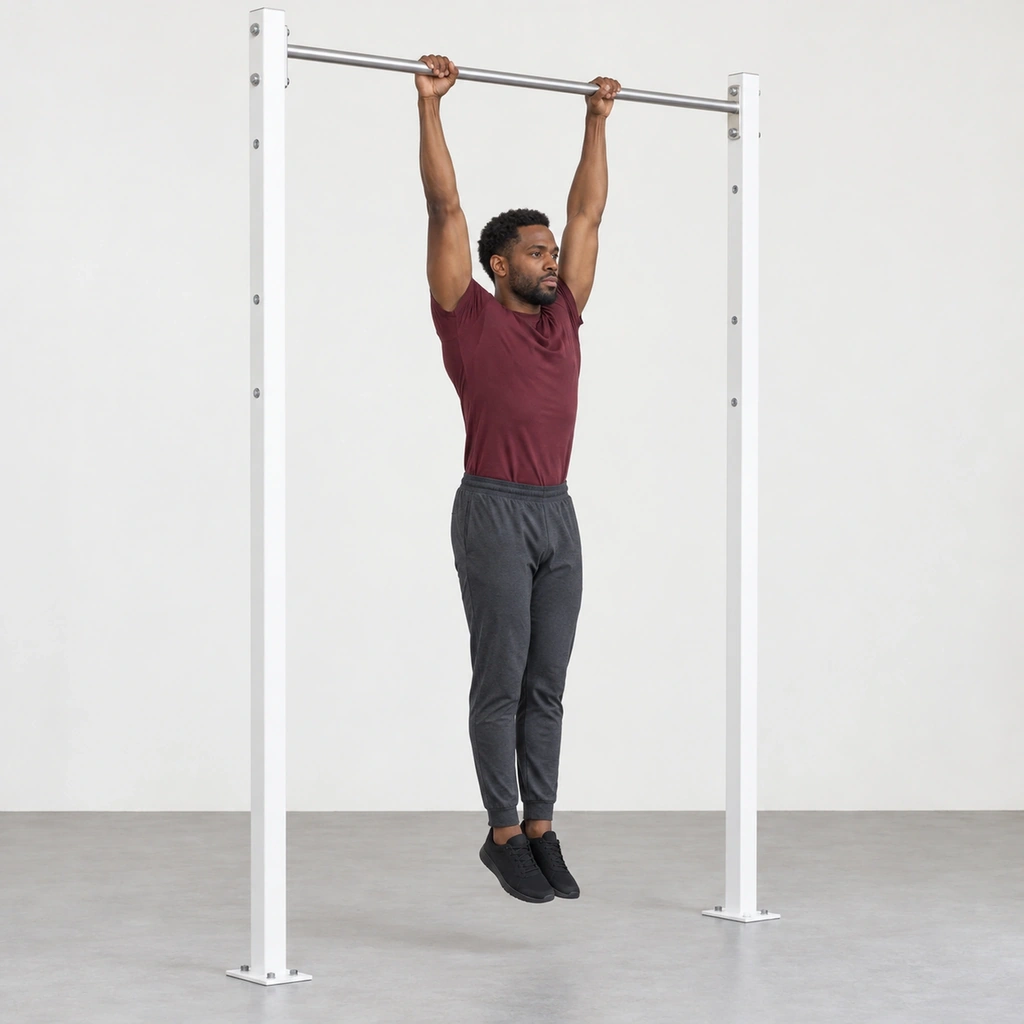 Man hanging still from a pull-up bar with straight arms and an overhand grip, his legs straight and feet off the floor.