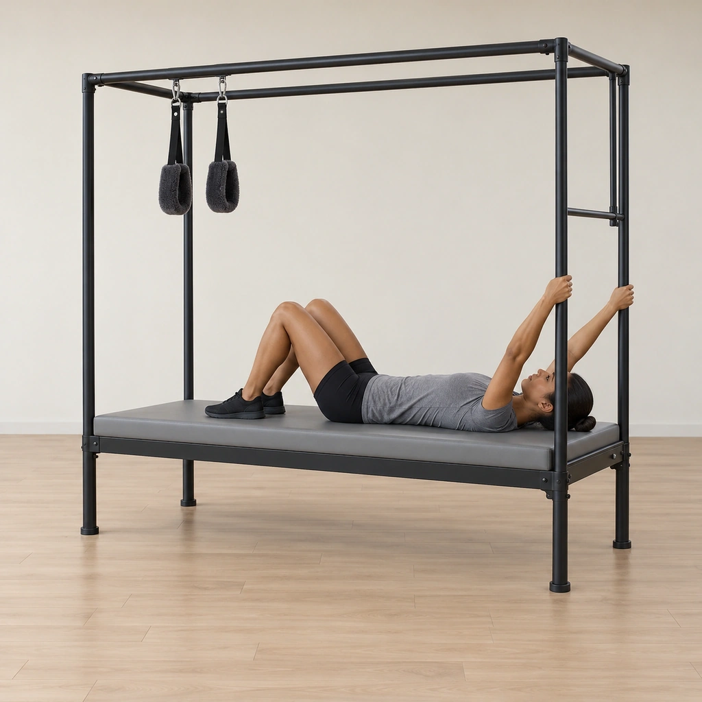 She lies supine on the table with her head toward its end, her hands gripping the upright poles beside her, preparing to lift her hips.