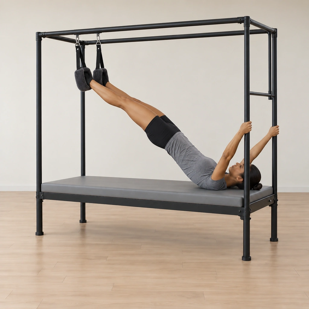 Her hips lift off the table as she threads each foot into its own fuzzy loop, the loops wrapping her ankles for security while her hands stay on the poles.
