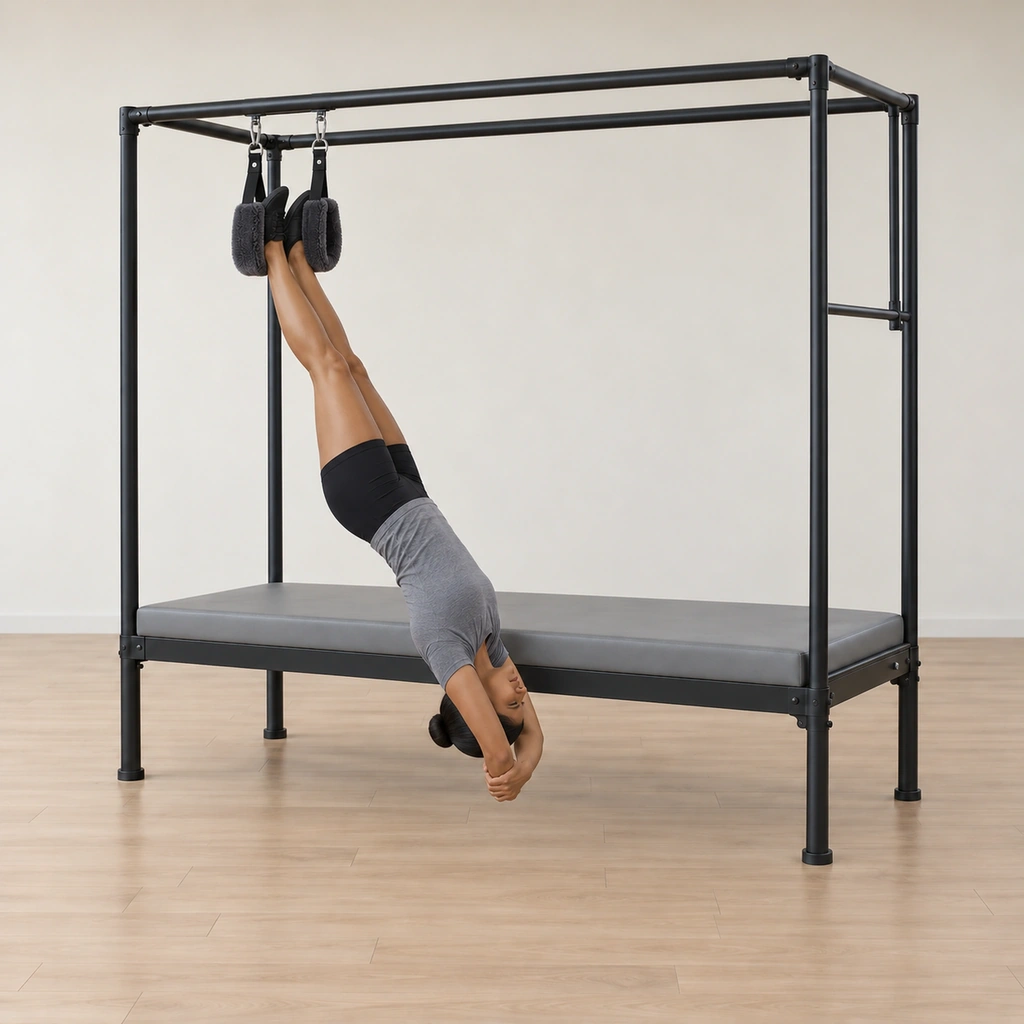 She hangs fully inverted off the end of the table, her ankles held by the fuzzy loops, her body released and long, her head well clear of the floor below.
