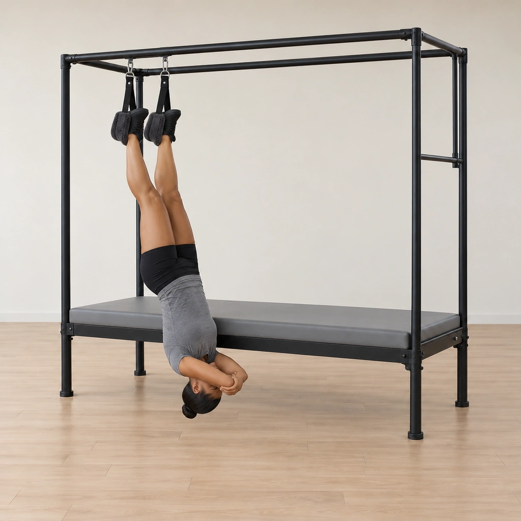 She rests in the full inverted hang, her arms taken overhead over her head with each hand holding the opposite elbow, her body long and relaxed in the loops.