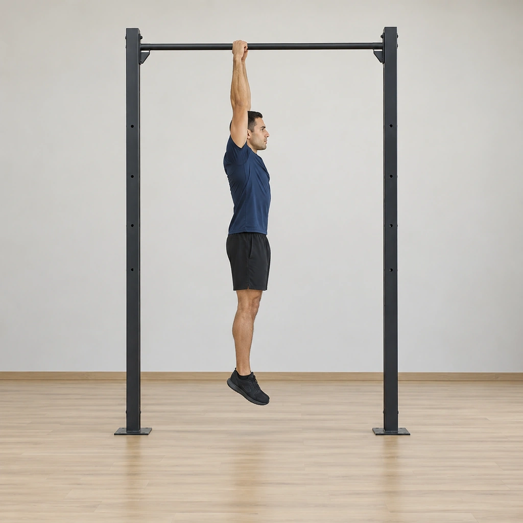 He hangs motionless from the pull-up bar: both hands gripping overhand, arms fully extended, feet together with the legs hanging straight down, body vertical.