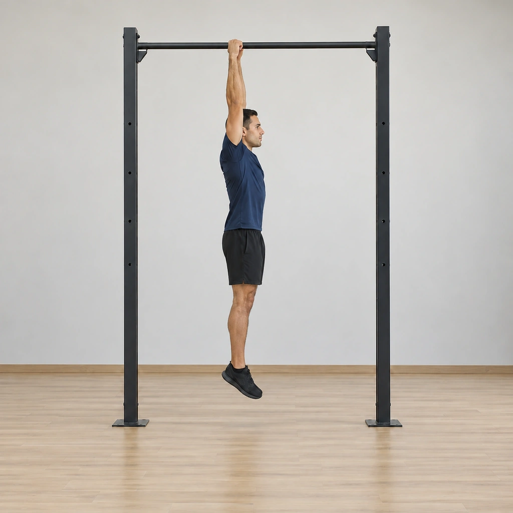 He lowers under control: straight legs descending smoothly from the bar, body staying quiet with no swing, the feet still together, arms extended - the mid-descent.