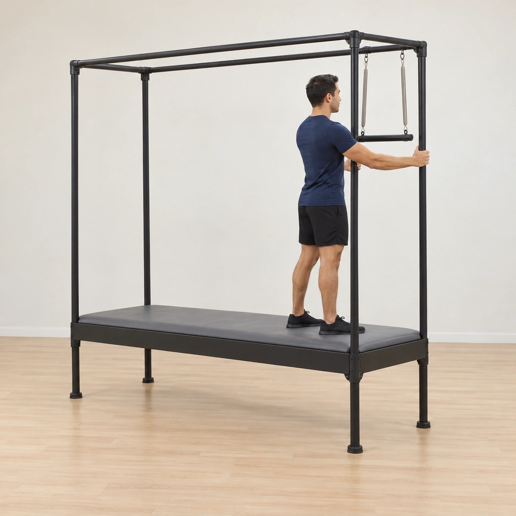 He stands upright on the table top facing the trapeze end, both hands gripping the two side rails a fingertip to forearm's distance from the edge, his arms drawing from the back.