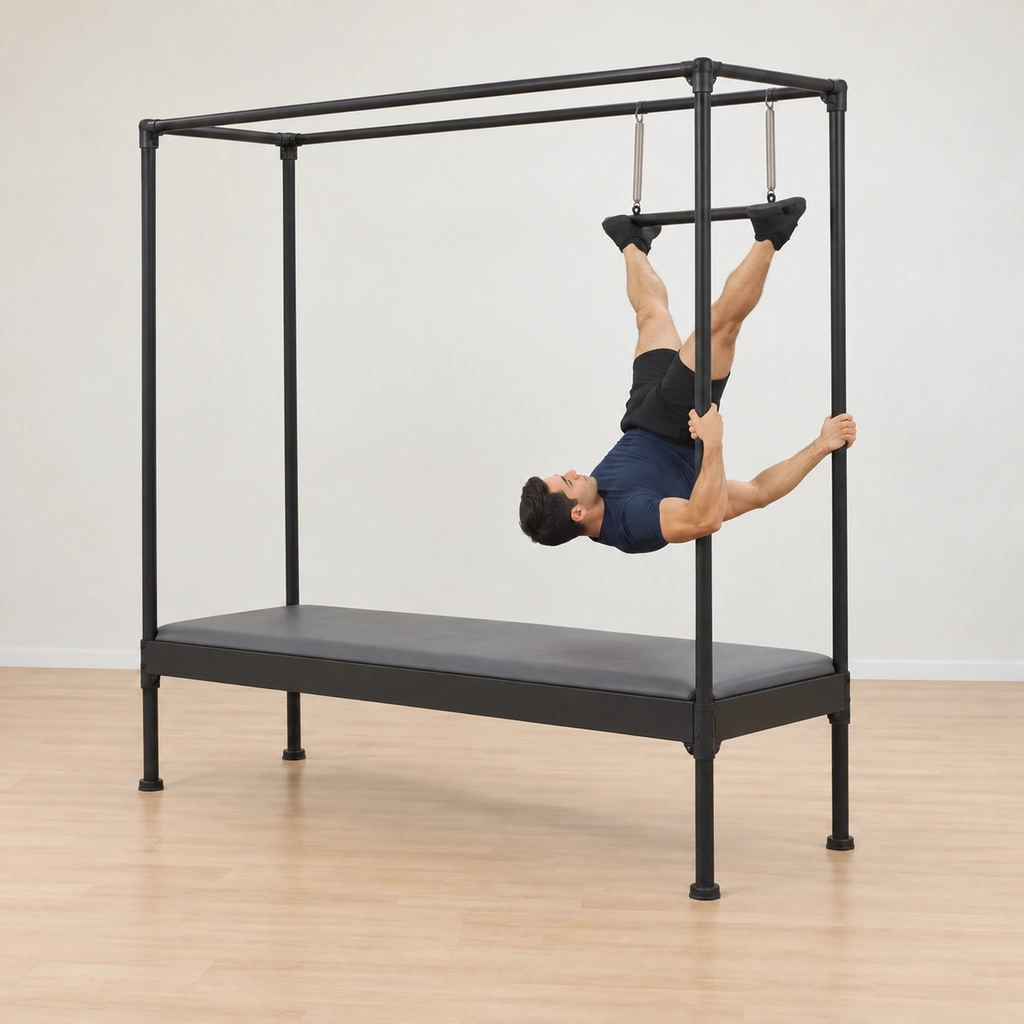 From the inverted fold his body lengthens into an upside-down plank and draws upward, his chest reaching toward the rails in an upside-down up stretch as his arms pull from the back.