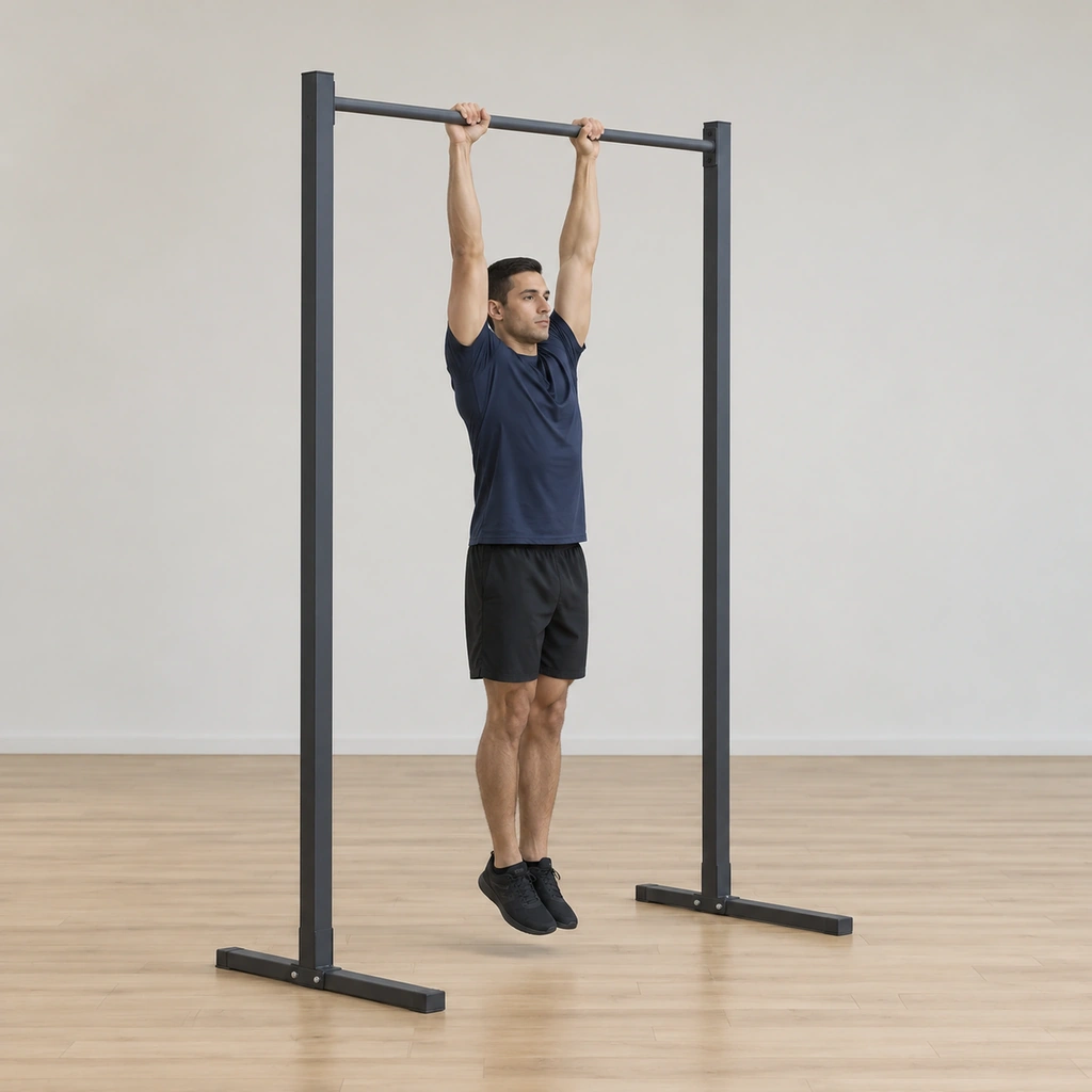 He hangs straight beneath the bar, both hands gripping it overhead shoulder-width apart, arms extended, body vertical and still.