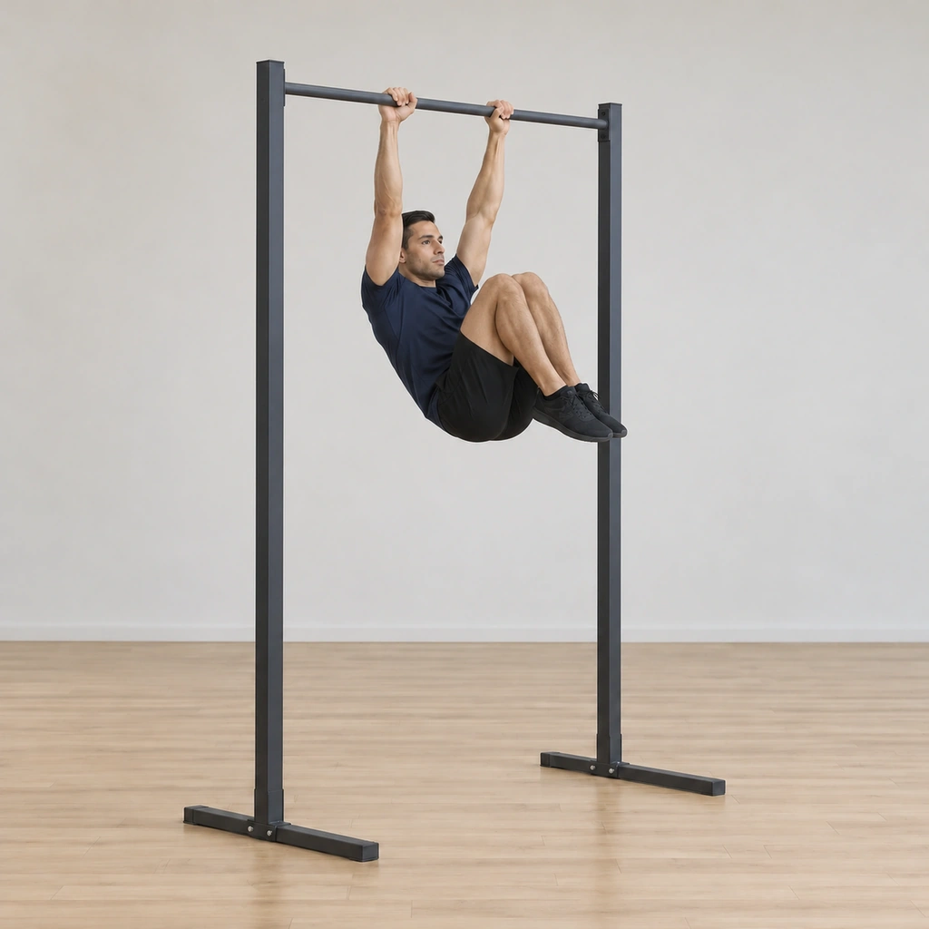 His knees are drawn up tight to his chest and his whole tucked body is tilting backward, his hips beginning to rise toward the bar between the hanging arms.