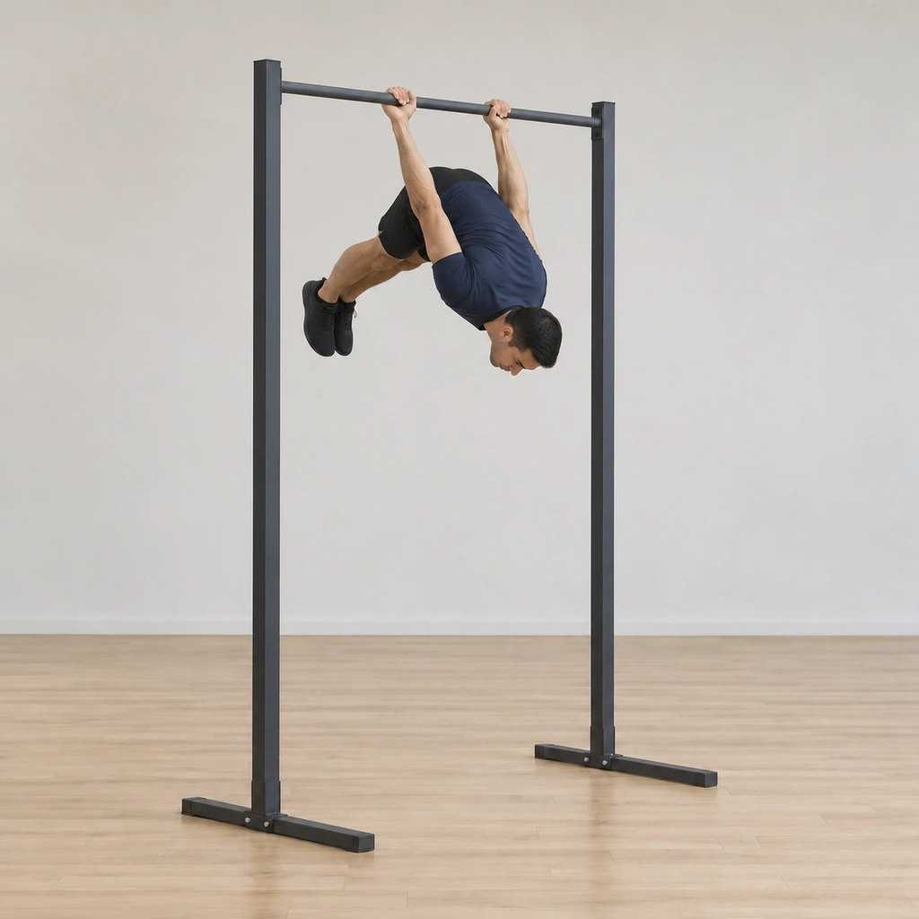 His tucked body has rolled through between the hanging arms so his feet have passed under and through the bar and are lowering toward the floor behind him, legs still tucked.