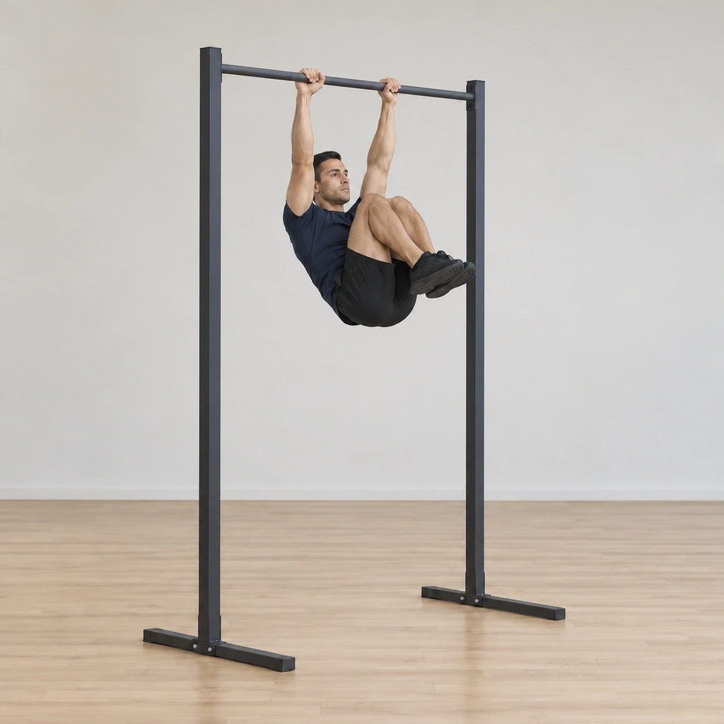 His tucked body is rolling back through the arms toward the front, the knees still drawn to the chest and the feet returning under the bar to the front side.