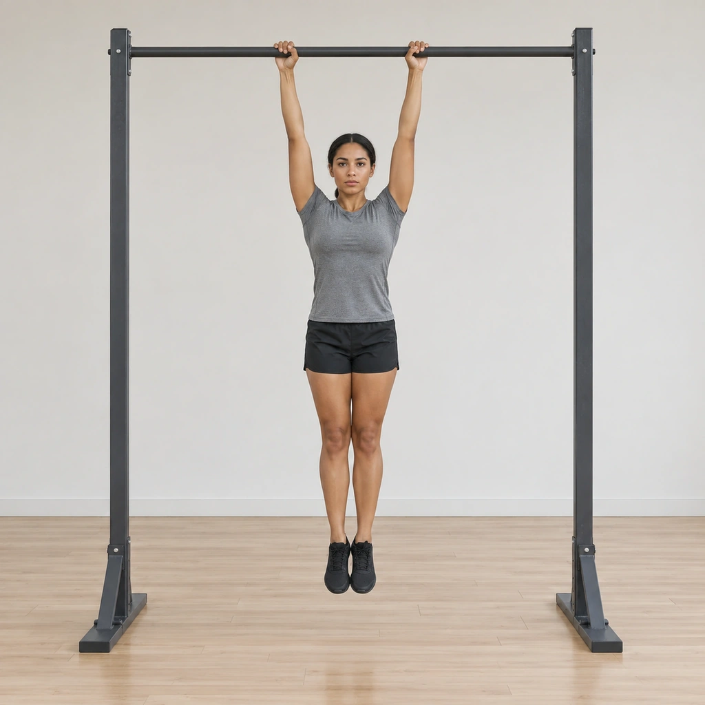 She hangs straight beneath the bar, both hands gripping it overhead, arms extended, body vertical and still.