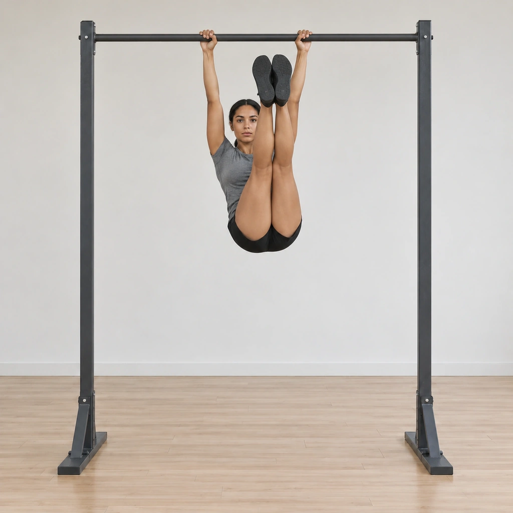 Her legs are lifted high in front so the feet point toward the ceiling, the legs near-vertical while she still hangs from the extended arms.