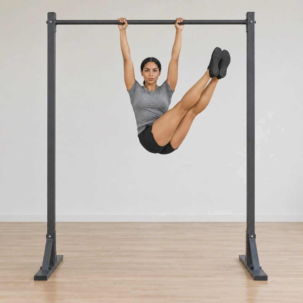 Her raised legs and hips have rotated to her right side like a wiper blade, the legs still joined and held high, her shoulders staying square on the bar.