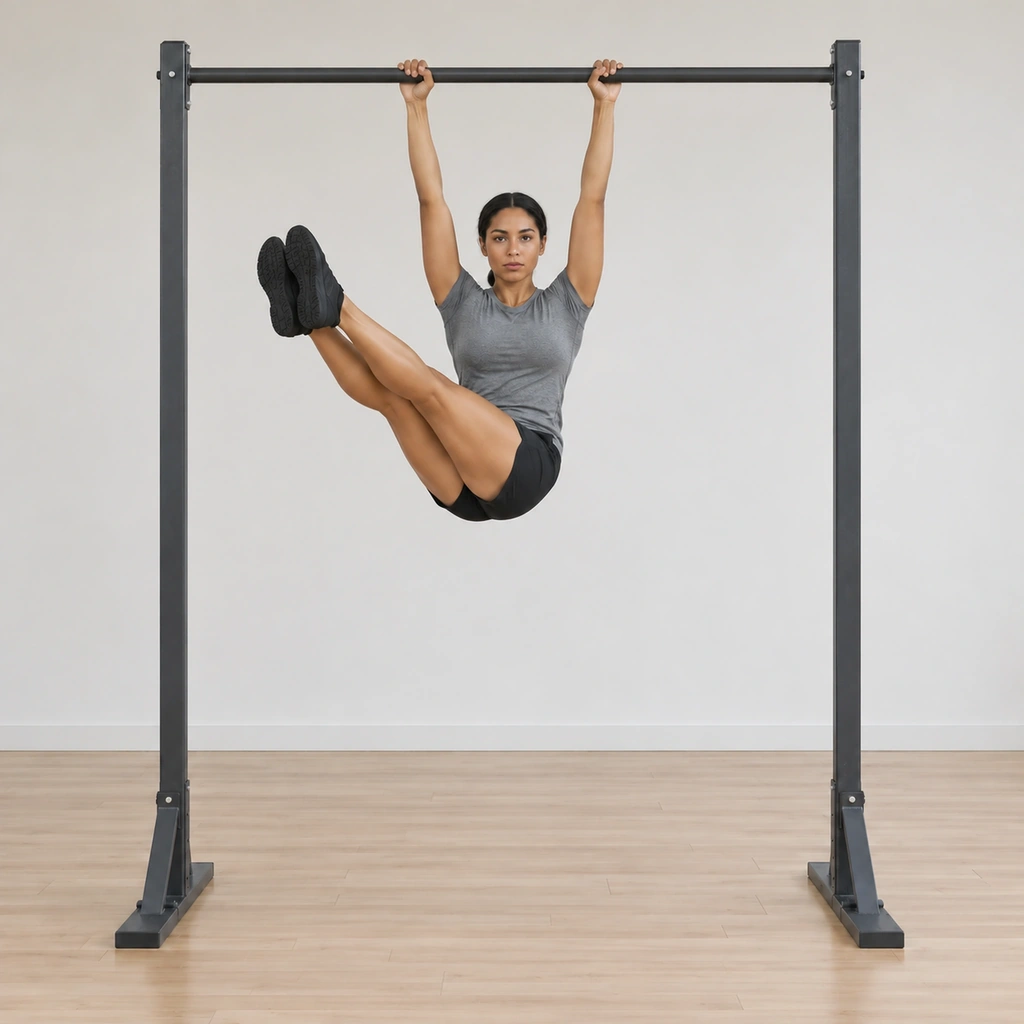 Her raised legs have swept through the centre and now angle to her left side, still joined and held high, the rotation visibly continuous and controlled.