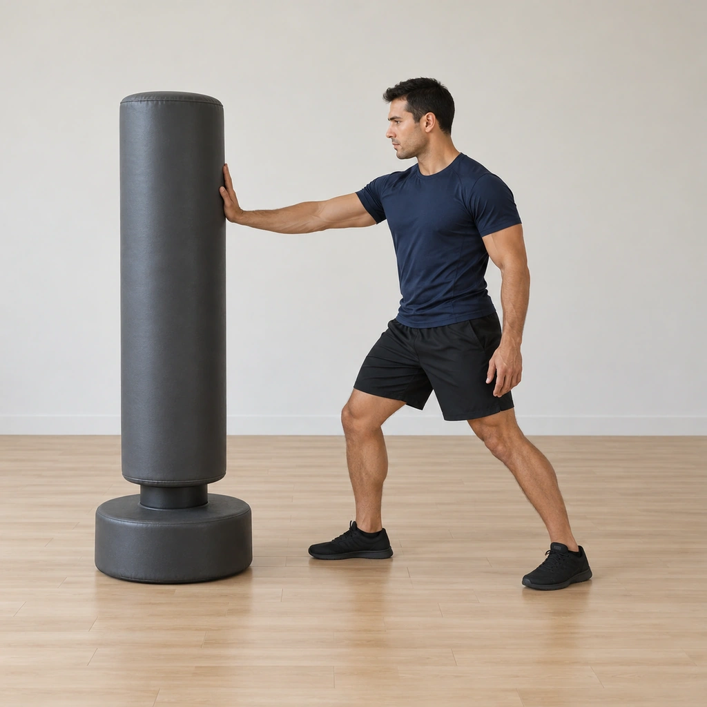 He stands in a wide staggered athletic stance beside the free-standing bag, his right hand placed on the bag at chest height, left hand free, hips square.