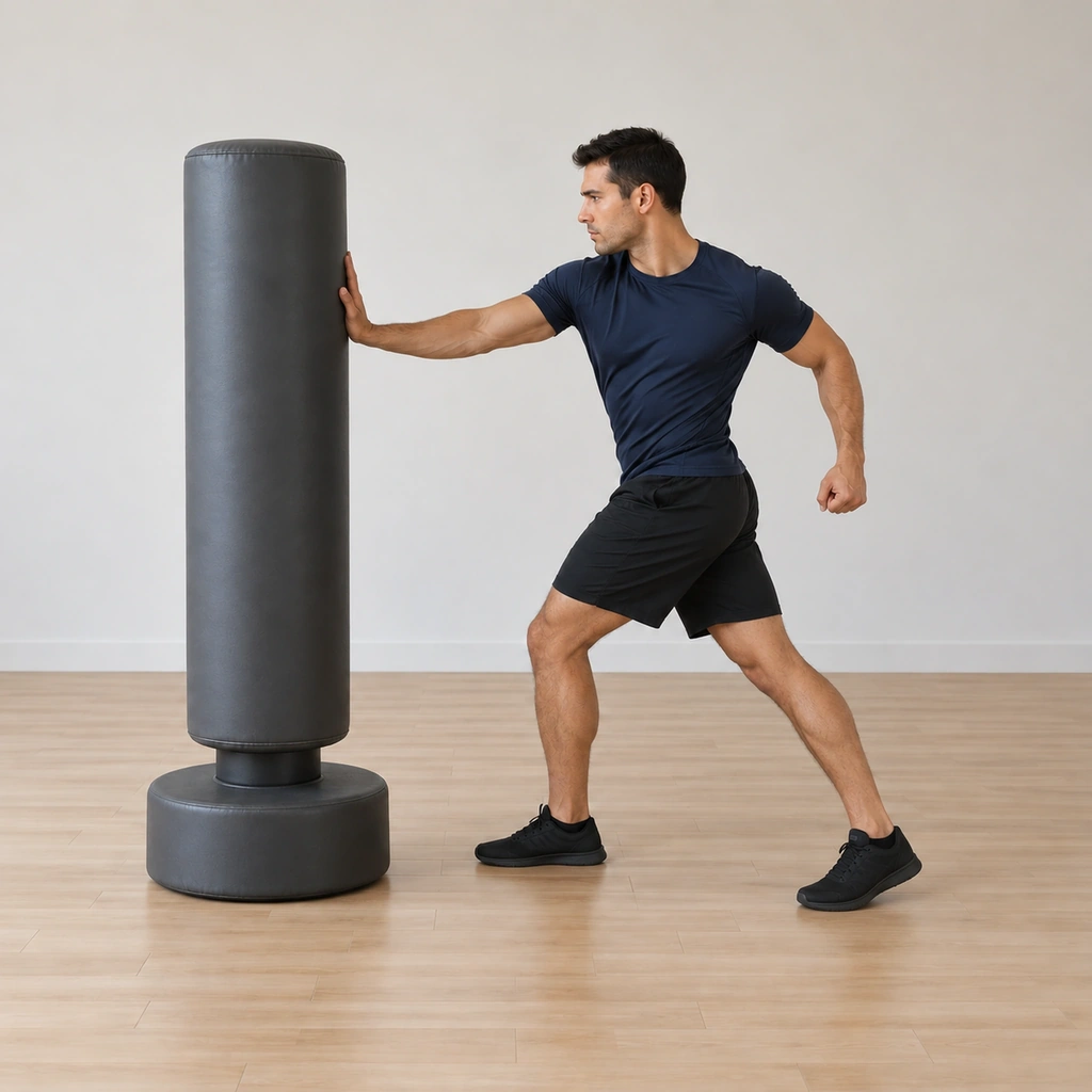 His hips and waist have twisted away from the bag, coiling the trunk, the rear foot pivoting, the right hand still on the bag at chest height, the bag still upright.