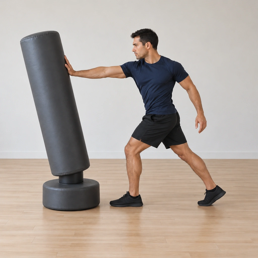 His hips have driven around through the twist, his right arm extended hard into the bag, and the bag is thrust forward, swinging away tilted on its base.