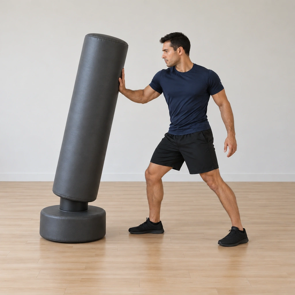 The bag is swinging back toward him and he is receiving it with the right hand at chest height, knees and hips softening to absorb the return, loading into the next thrust.