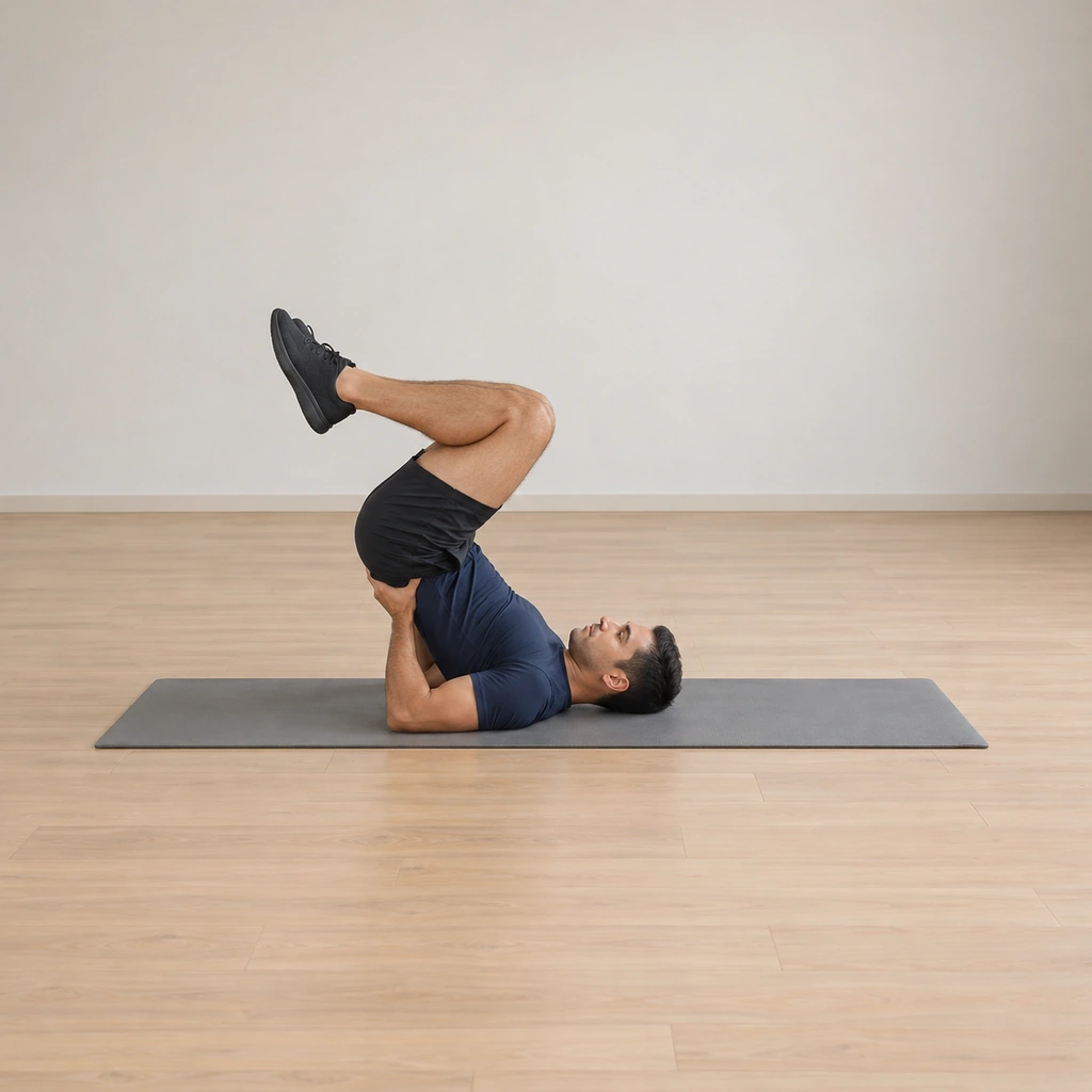 He lies on the mat with his knees pulled into his chest, his hips lifting upward off the floor.